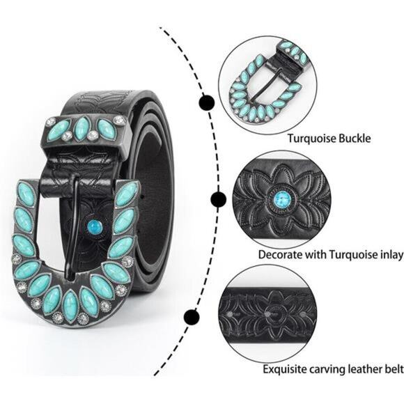 Women’s Western Turquoise Cowgirl Black Leather Belt for Jeans & Pants 42\